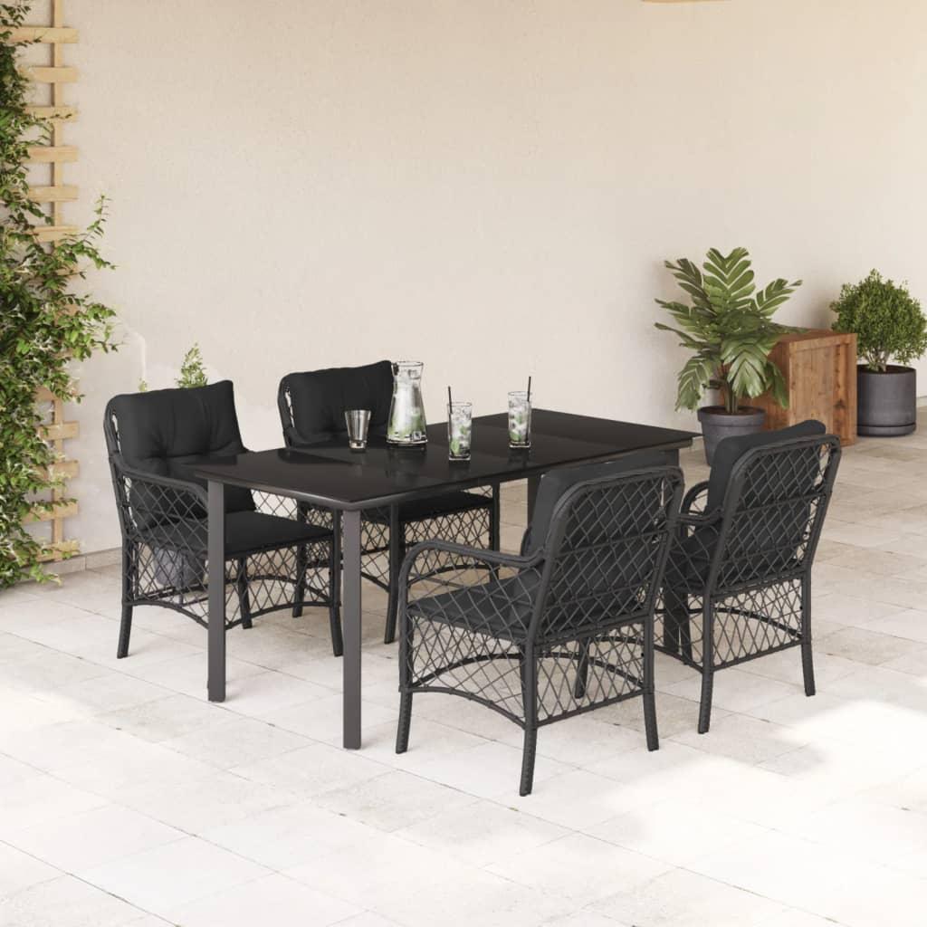 5 Piece Garden Dining Set with Cushions Black Poly Rattan