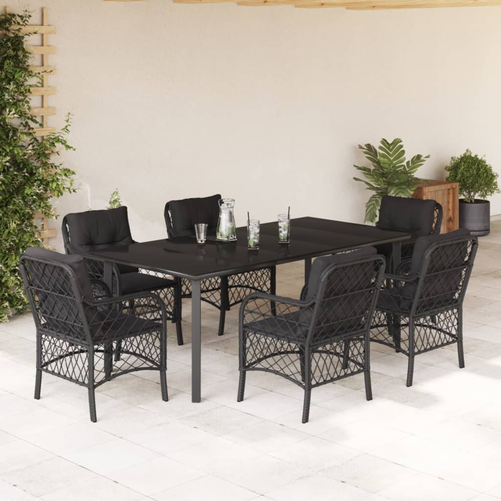 7 Piece Garden Dining Set with Cushions Black Poly Rattan