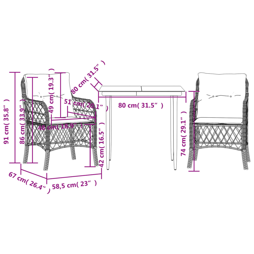 3 Piece Bistro Set with Cushions Grey Poly Rattan