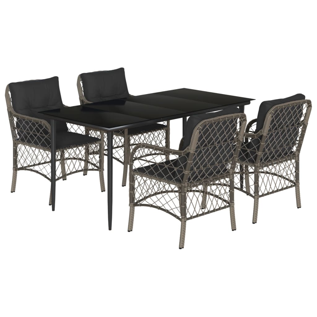 5 Piece Garden Dining Set with Cushions Grey Poly Rattan