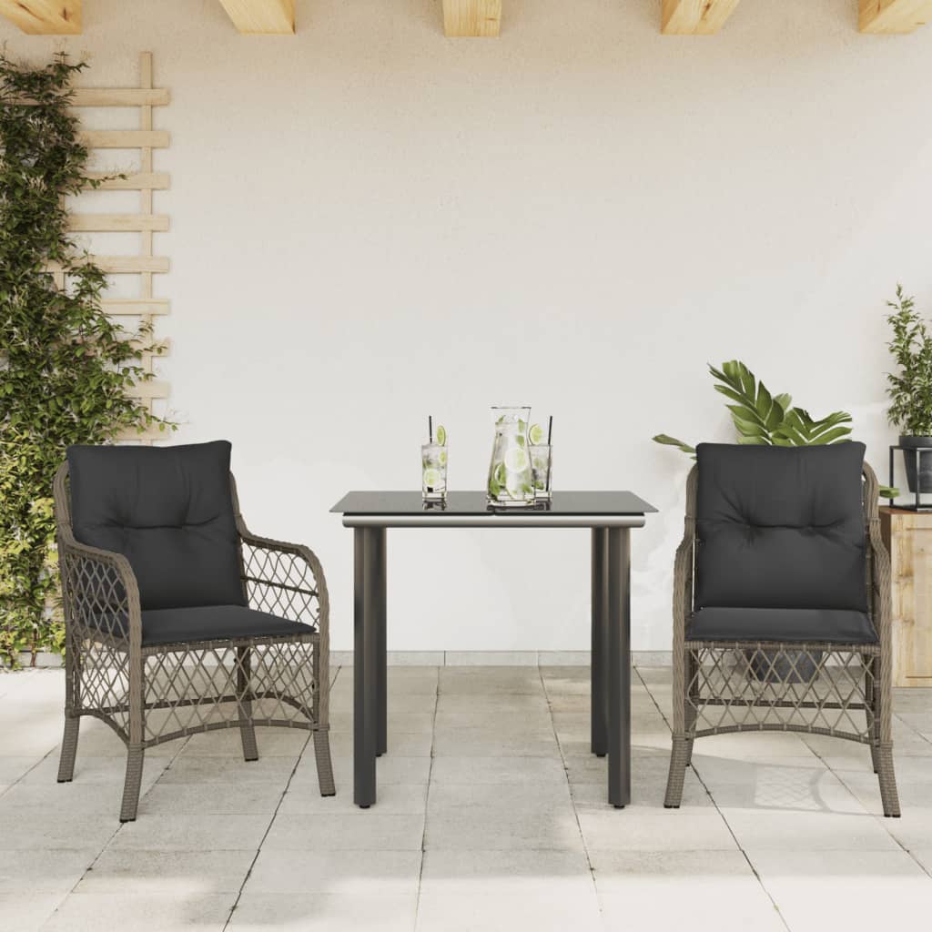 3 Piece Bistro Set with Cushions Grey Poly Rattan