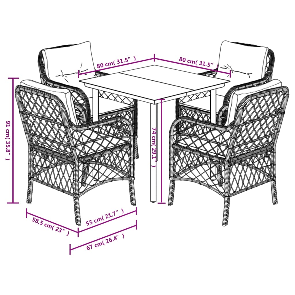 5 Piece Garden Dining Set with Cushions Grey Poly Rattan