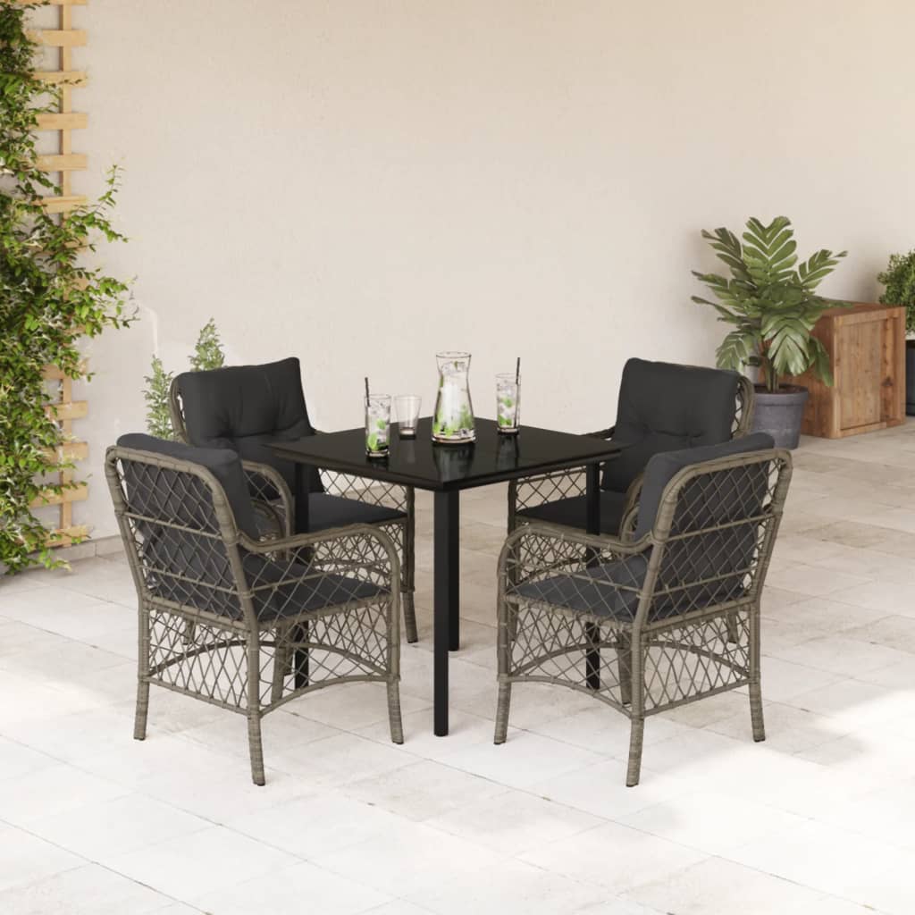 5 Piece Garden Dining Set with Cushions Grey Poly Rattan