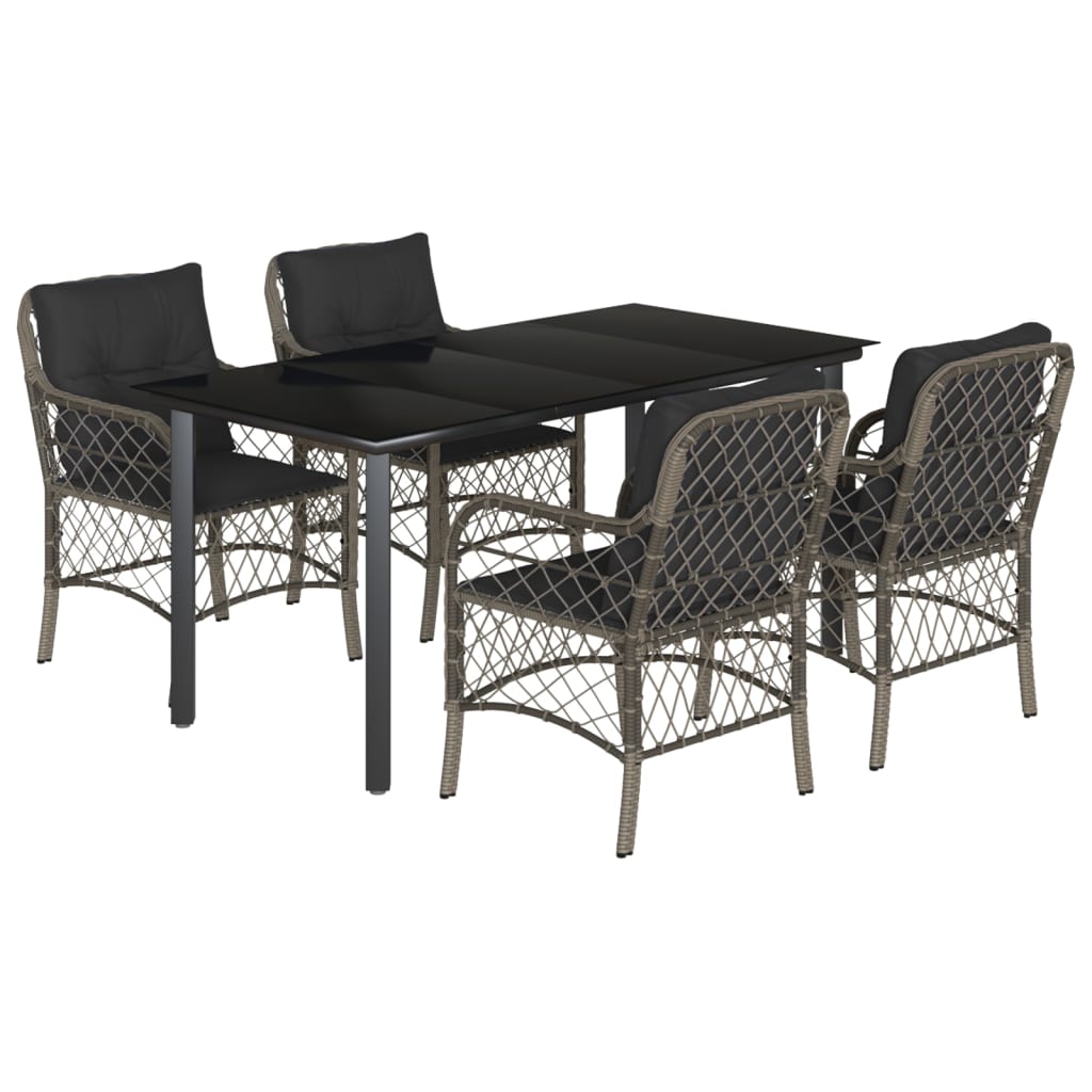 5 Piece Garden Dining Set with Cushions Grey Poly Rattan