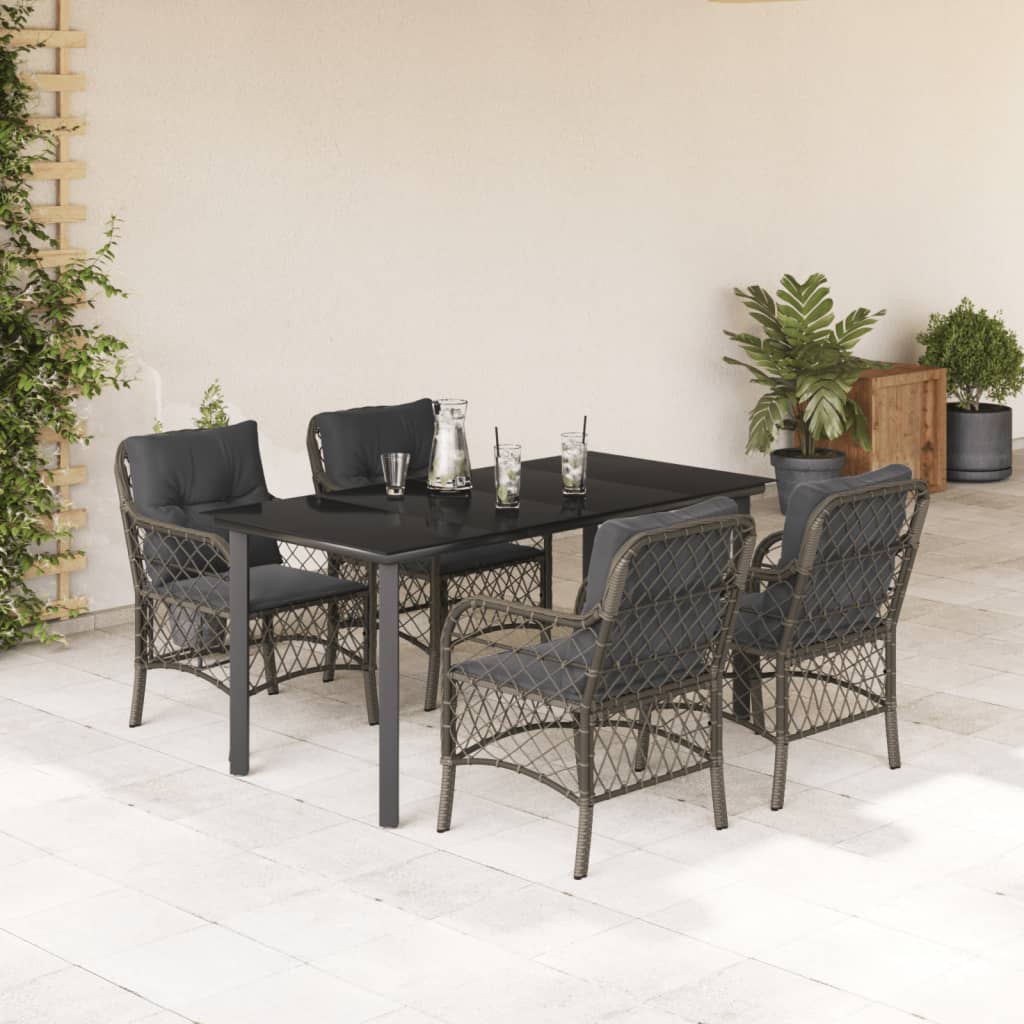 5 Piece Garden Dining Set with Cushions Grey Poly Rattan