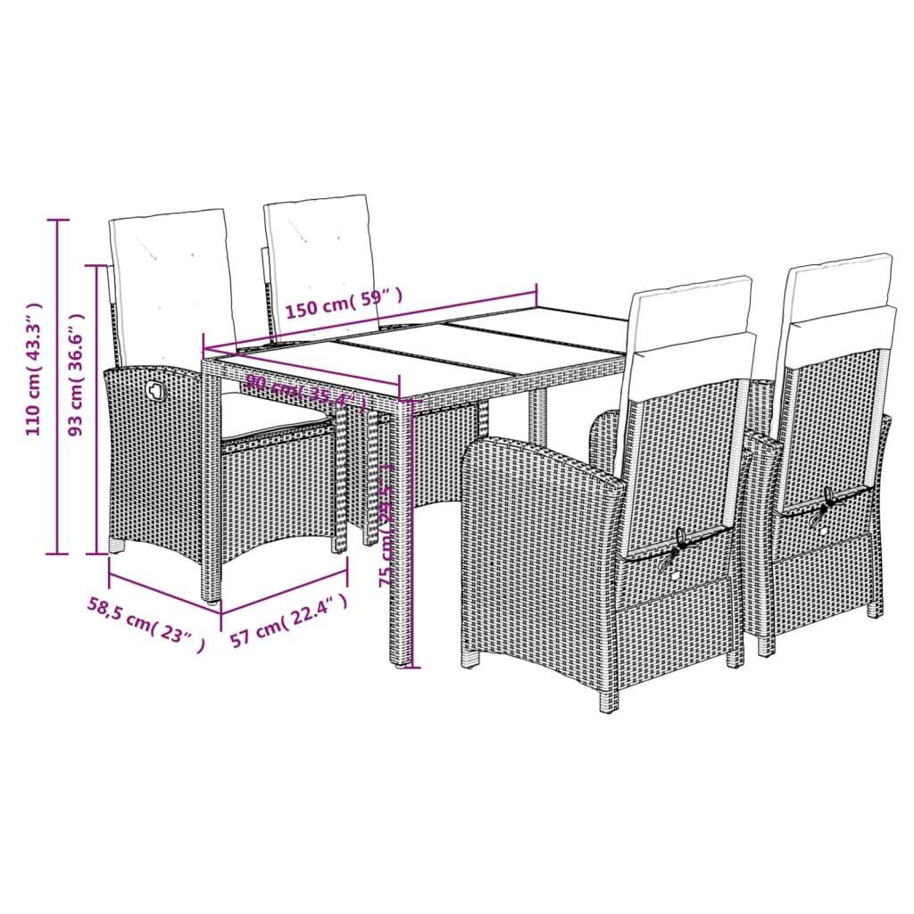 5 Piece Garden Dining Set with Cushions Grey Poly Rattan