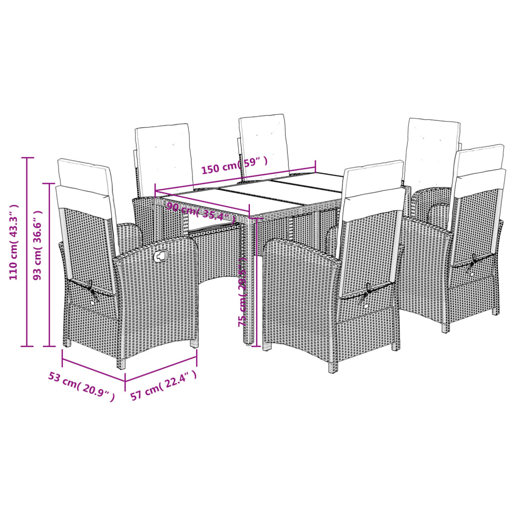 7 Piece Garden Dining Set with Cushions Grey Poly Rattan