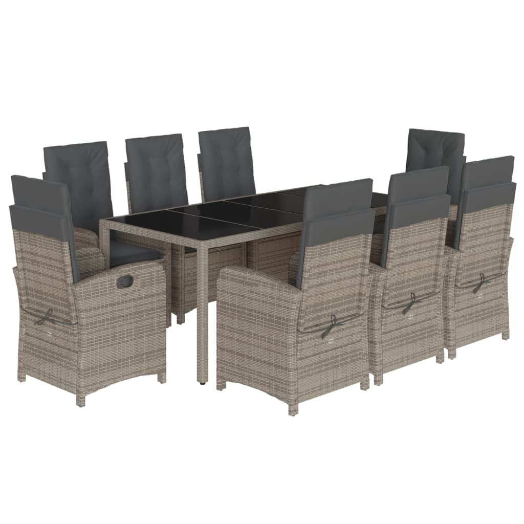 9 Piece Garden Dining Set with Cushions Grey Poly Rattan