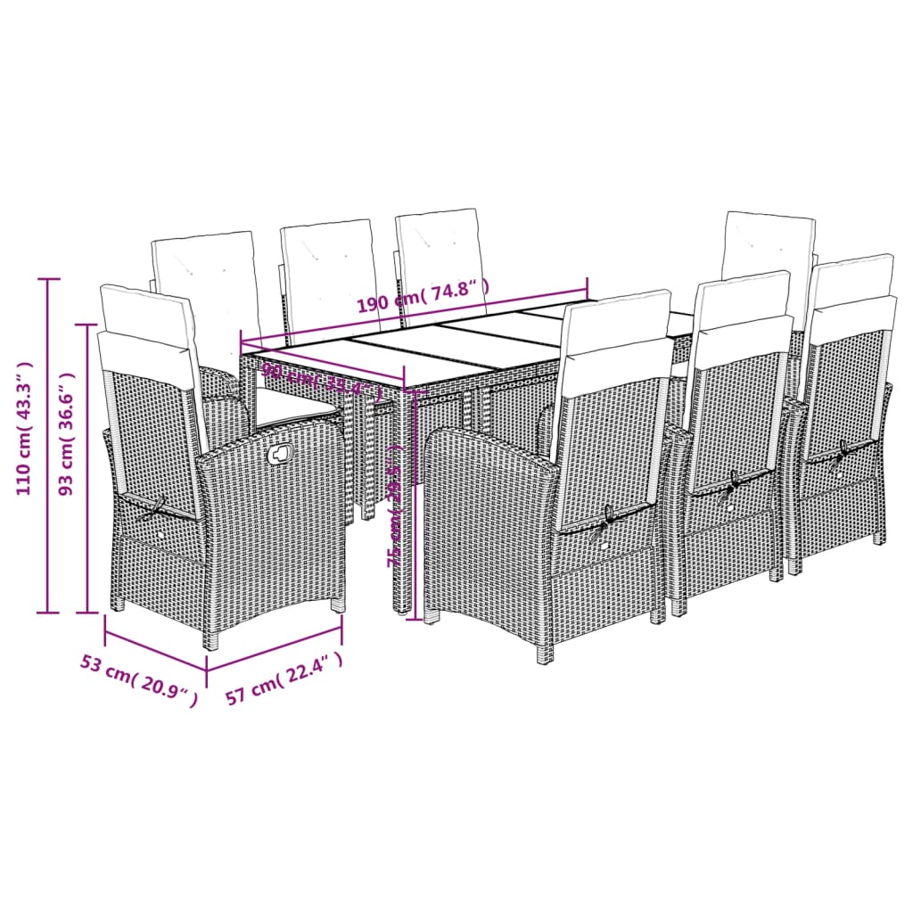 9 Piece Garden Dining Set with Cushions Grey Poly Rattan