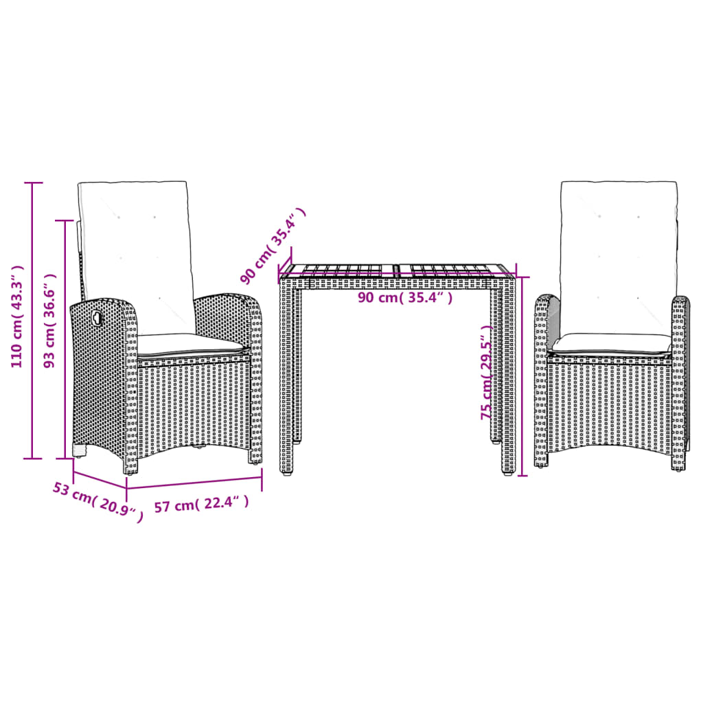 3 Piece Garden Dining Set with Cushions Grey Poly Rattan