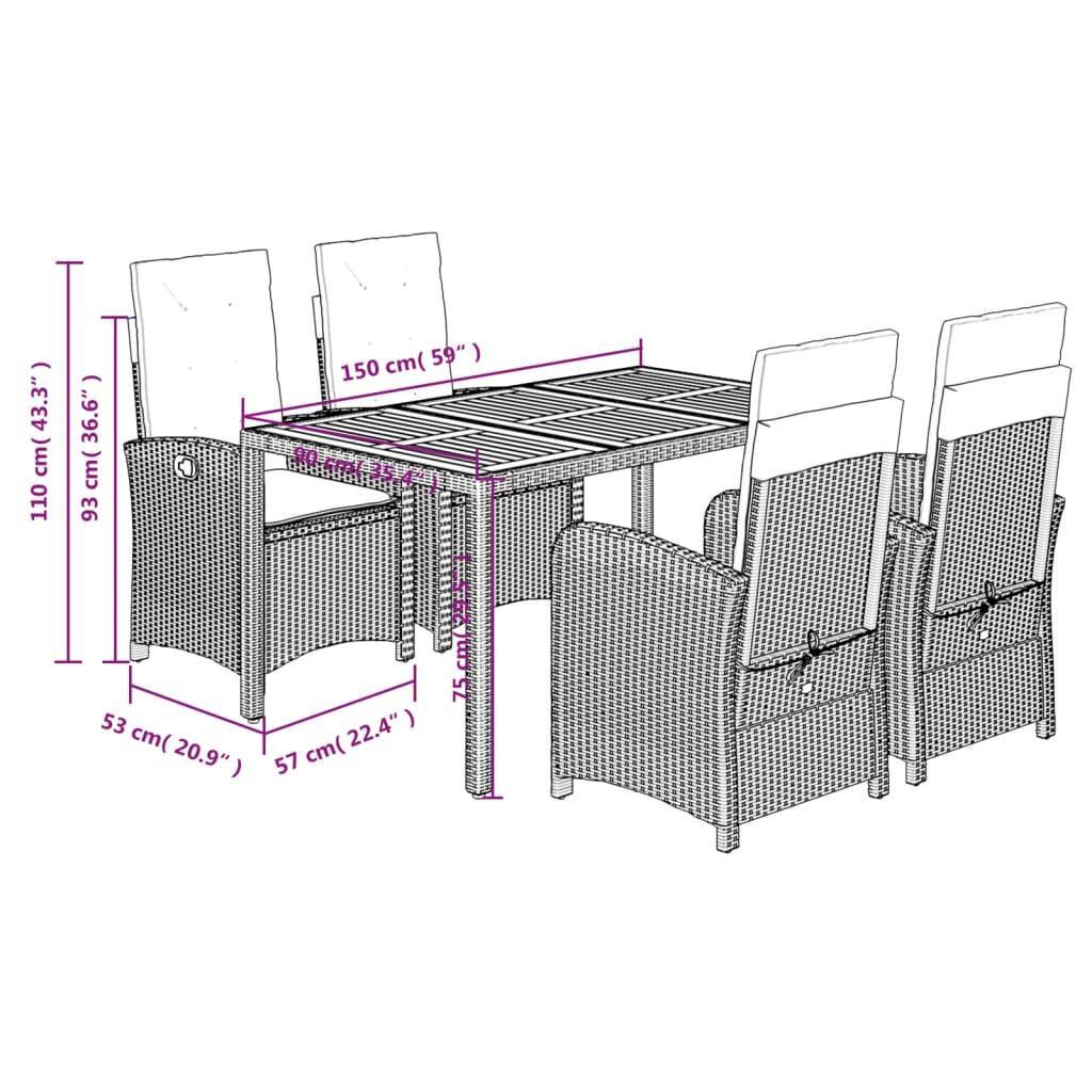 5 Piece Garden Dining Set with Cushions Grey Poly Rattan