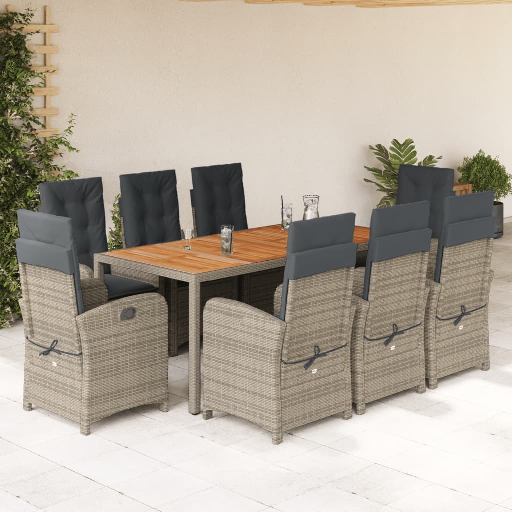 9 Piece Garden Dining Set with Cushions Grey Poly Rattan