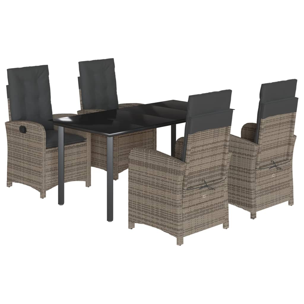 5 Piece Garden Dining Set with Cushions Grey Poly Rattan