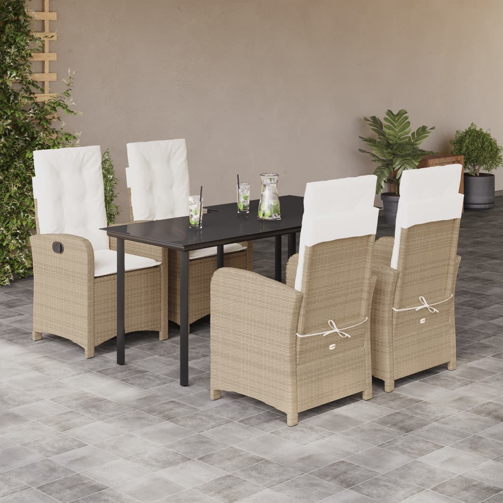 5 Piece Garden Dining Set with Cushions Beige Poly Rattan