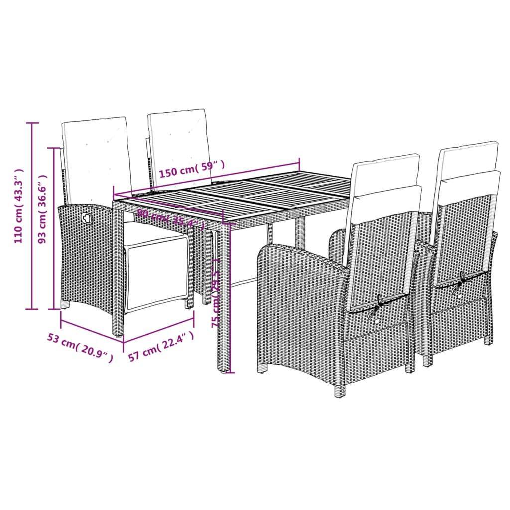 5 Piece Garden Dining Set with Cushions Black Poly Rattan