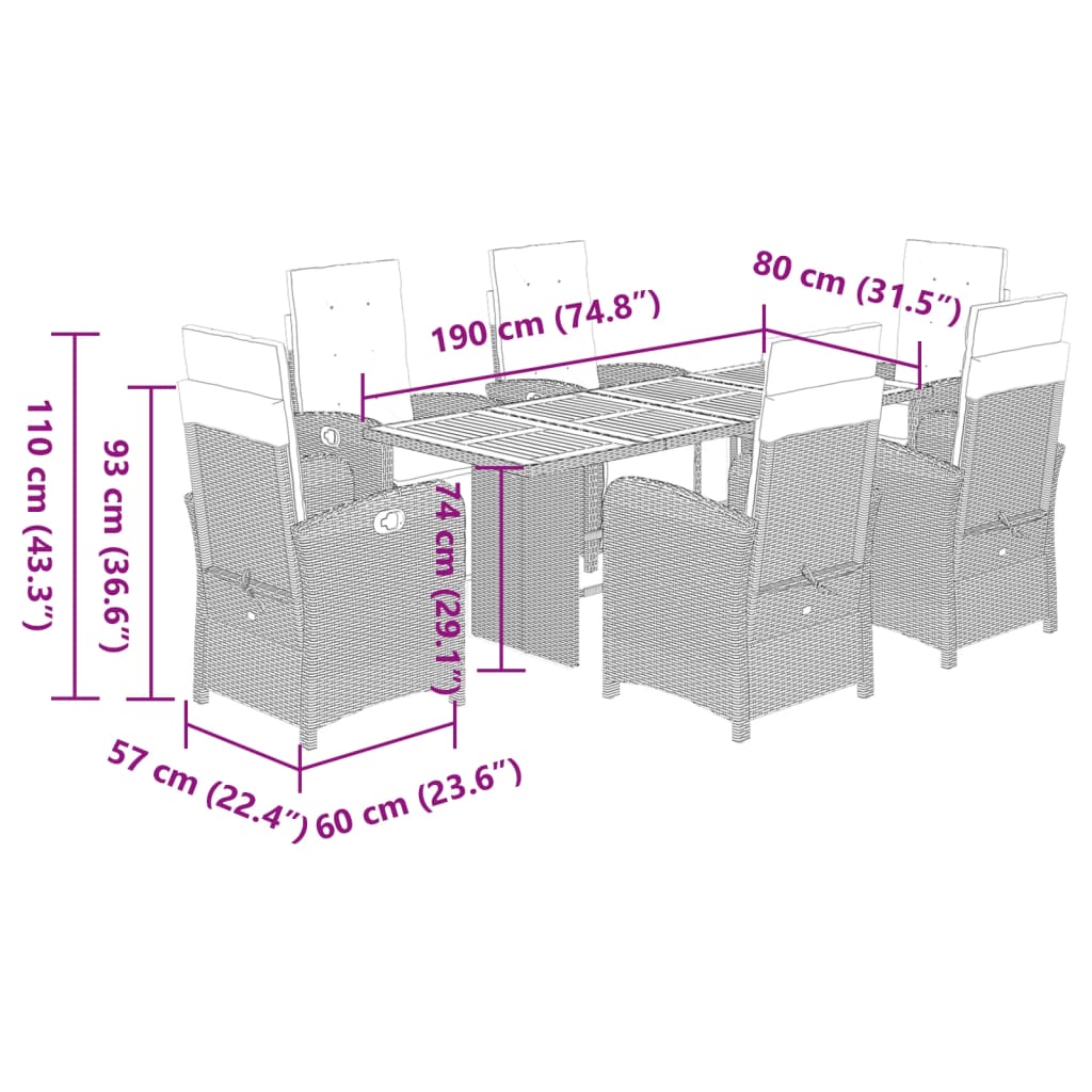 7 Piece Garden Dining Set with Cushions Black Poly Rattan