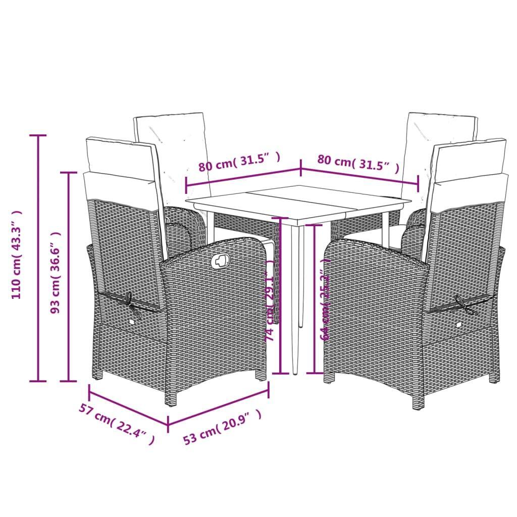 5 Piece Garden Dining Set with Cushions Grey Poly Rattan