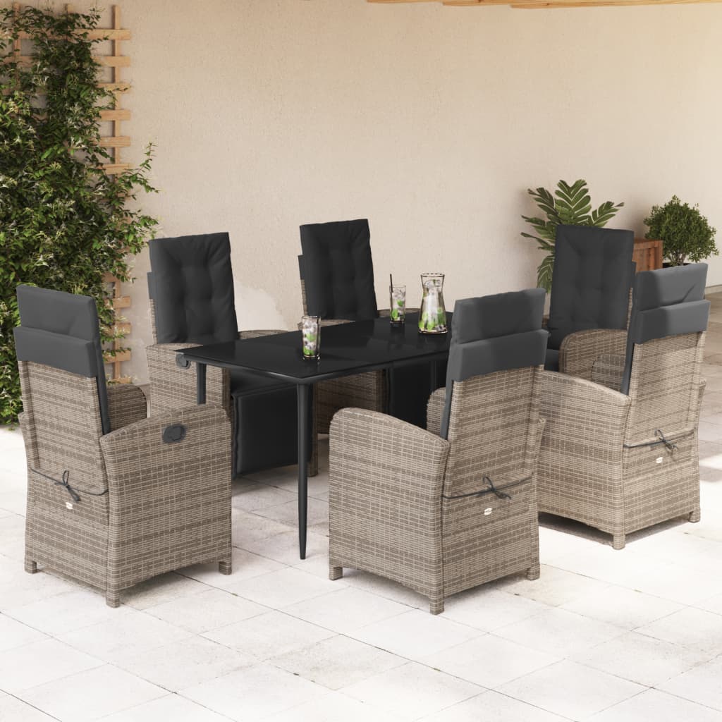7 Piece Garden Dining Set with Cushions Grey Poly Rattan