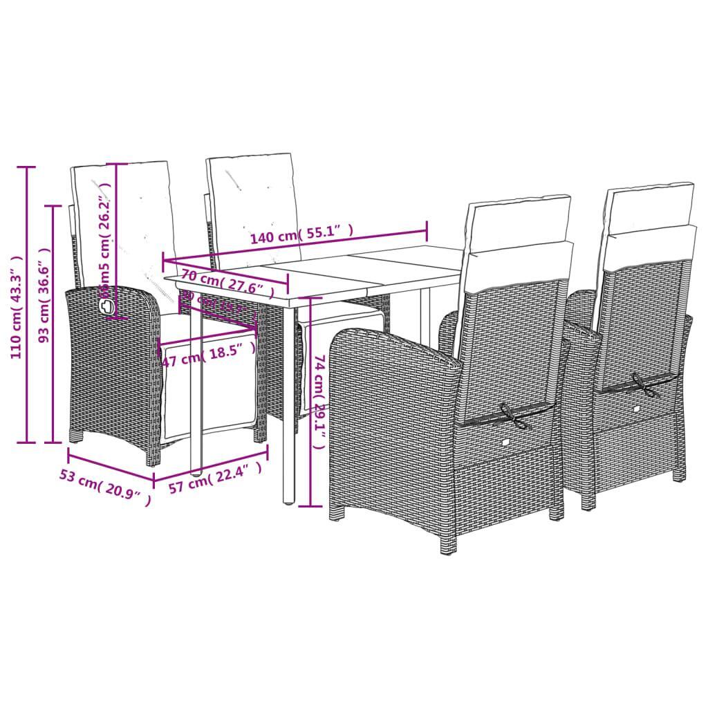 5 Piece Garden Dining Set with Cushions Grey Poly Rattan