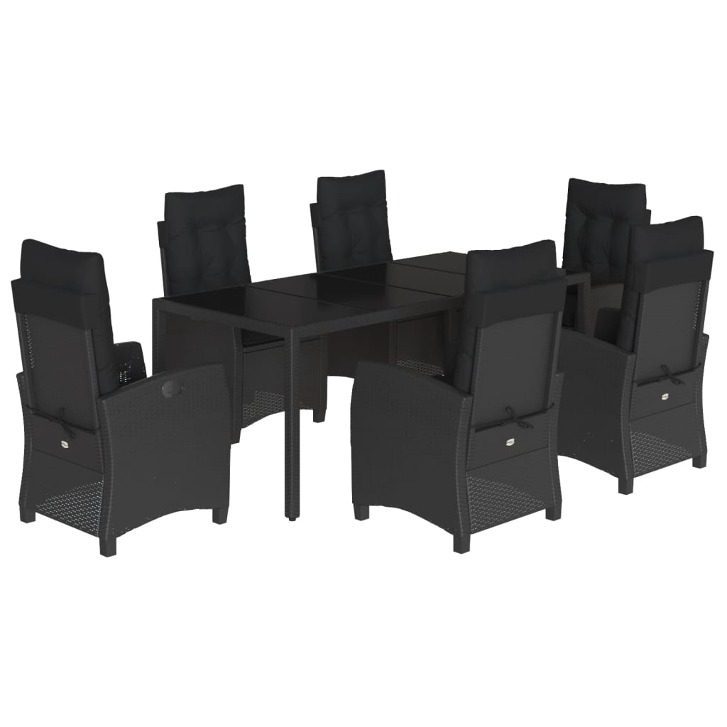 7 Piece Garden Dining Set with Cushions Black Poly Rattan