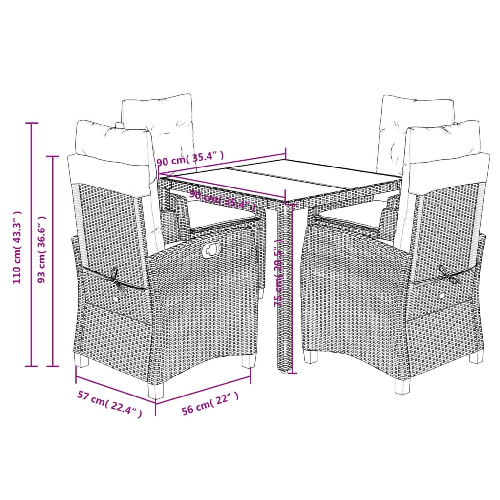 5 Piece Garden Dining Set with Cushions Grey Poly Rattan