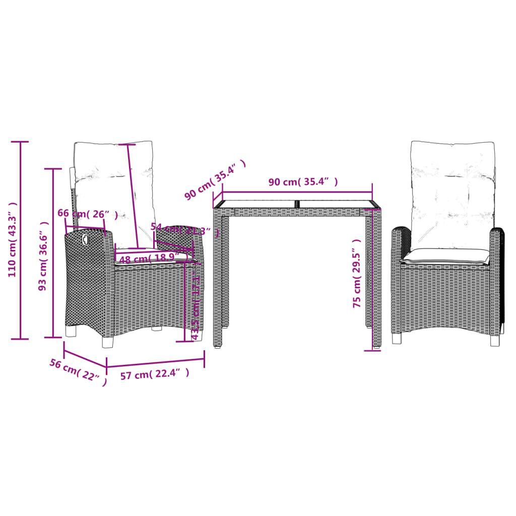 3 Piece Garden Dining Set with Cushions Black Poly Rattan