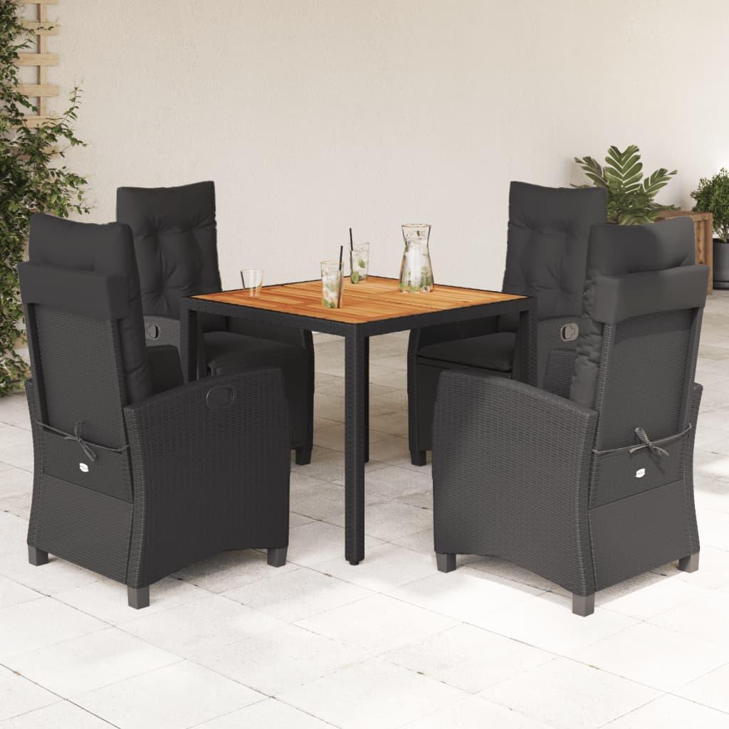 5 Piece Garden Dining Set with Cushions Black Poly Rattan