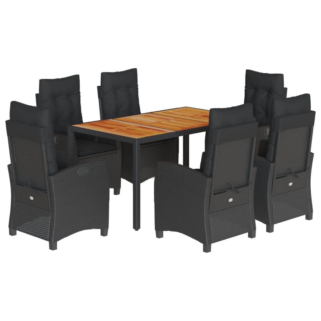 7 Piece Garden Dining Set with Cushions Black Poly Rattan