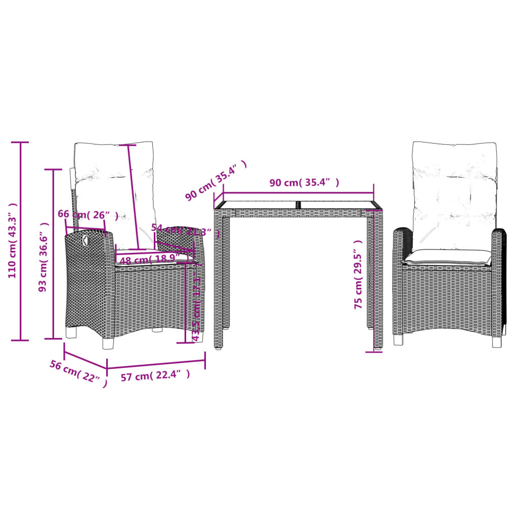 3 Piece Garden Dining Set with Cushions Grey Poly Rattan