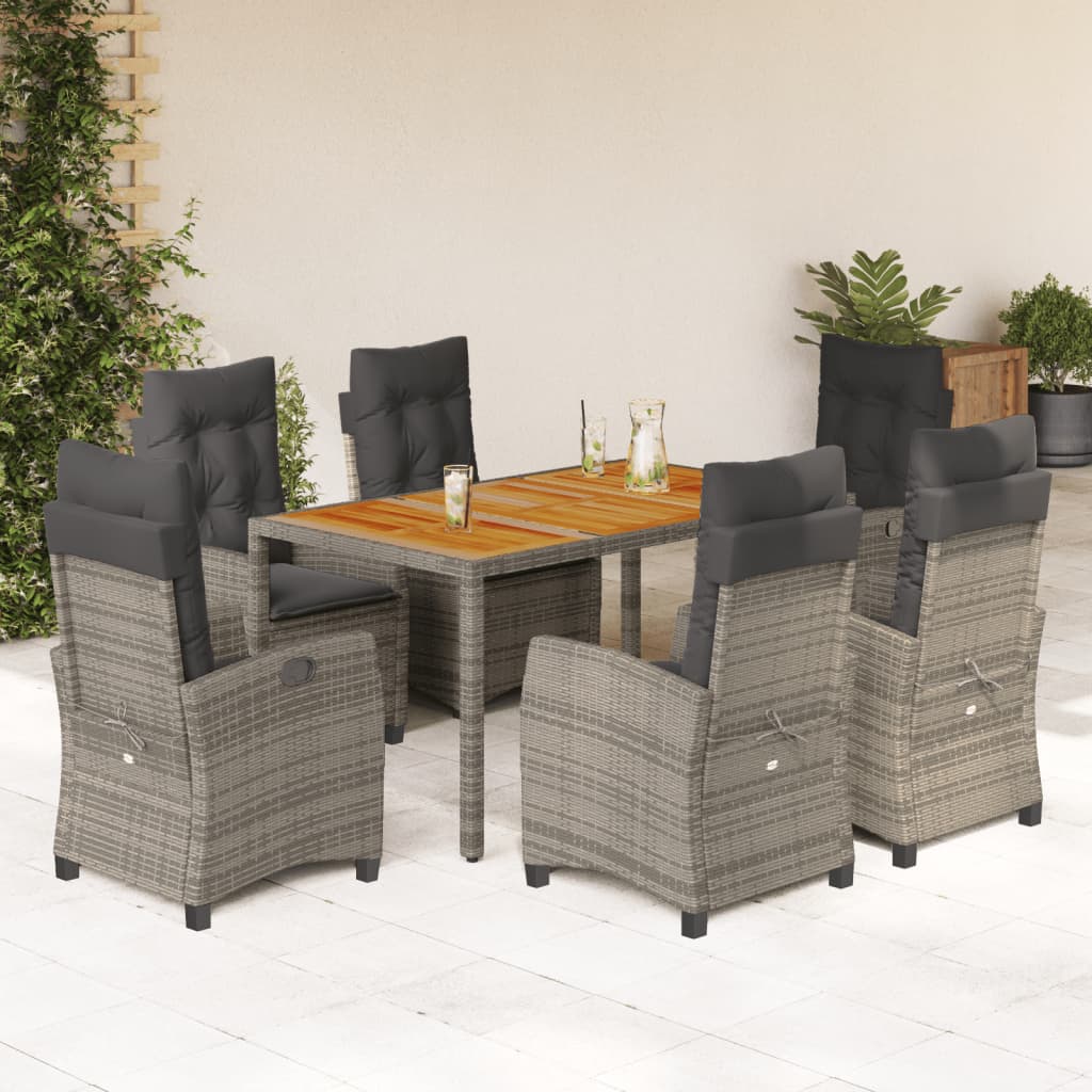7 Piece Garden Dining Set with Cushions Grey Poly Rattan