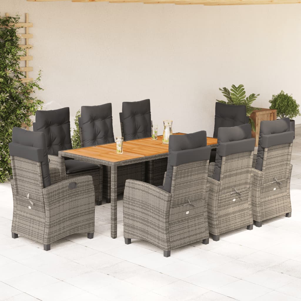 9 Piece Garden Dining Set with Cushions Grey Poly Rattan