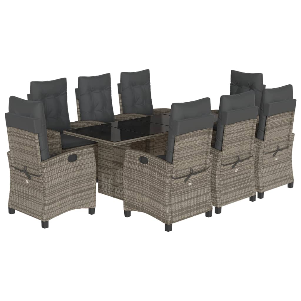 9 Piece Garden Dining Set with Cushions Grey Poly Rattan