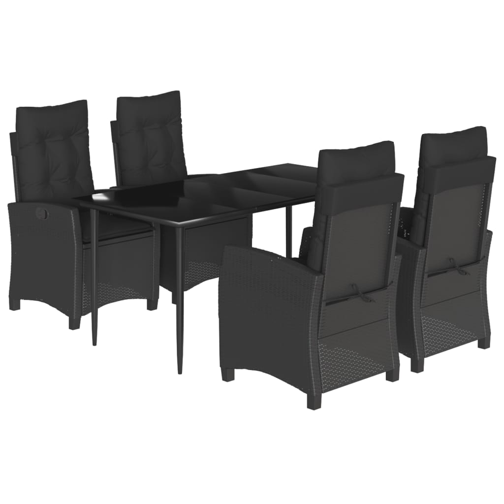5 Piece Garden Dining Set with Cushions Black Poly Rattan