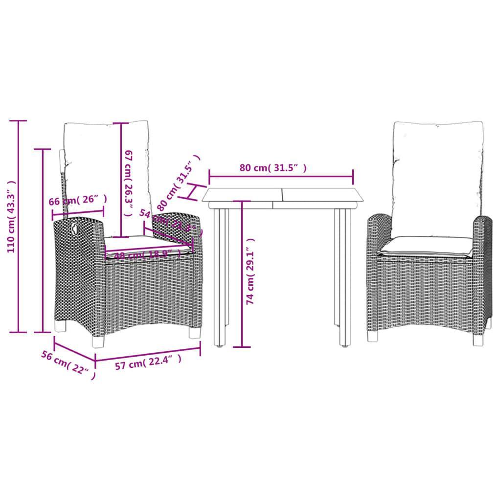 3 Piece Garden Dining Set with Cushions Grey Poly Rattan