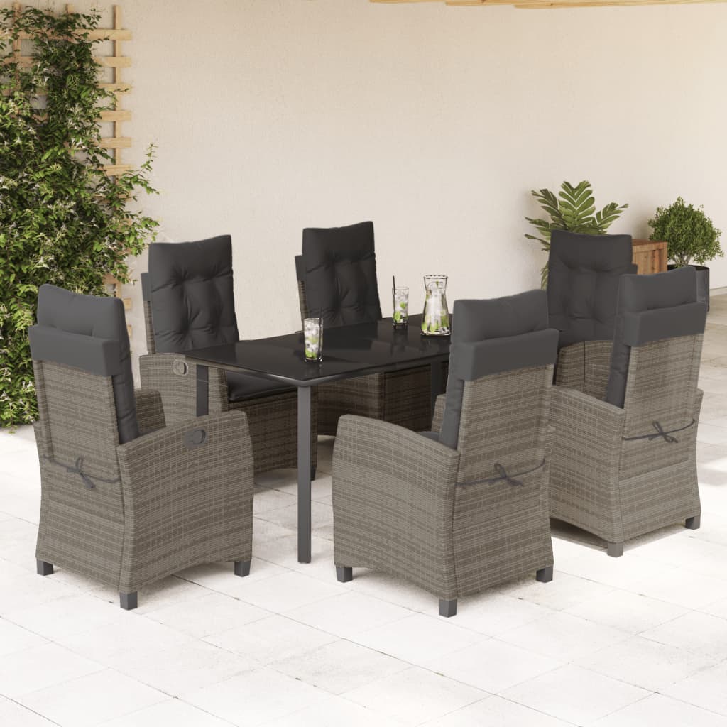 7 Piece Garden Dining Set with Cushions Grey Poly Rattan