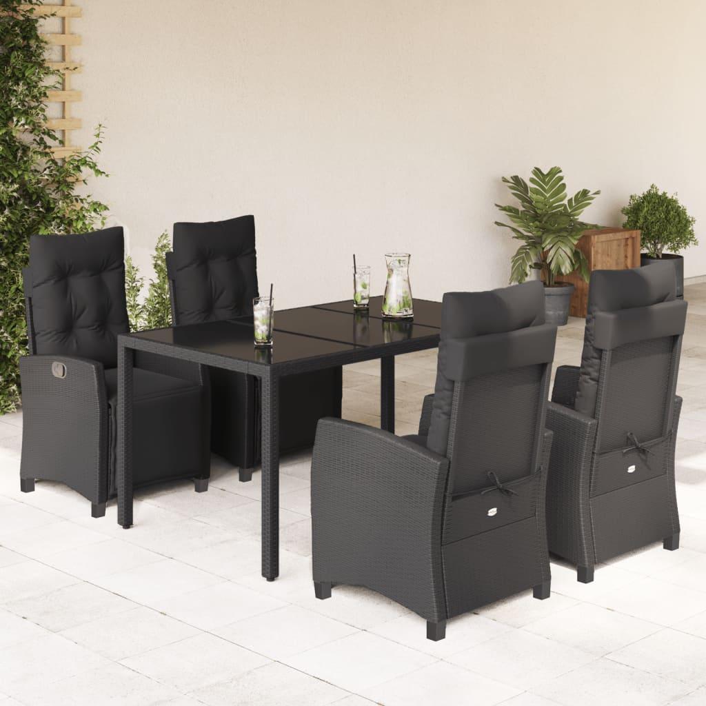 5 Piece Garden Dining Set with Cushions Black Poly Rattan