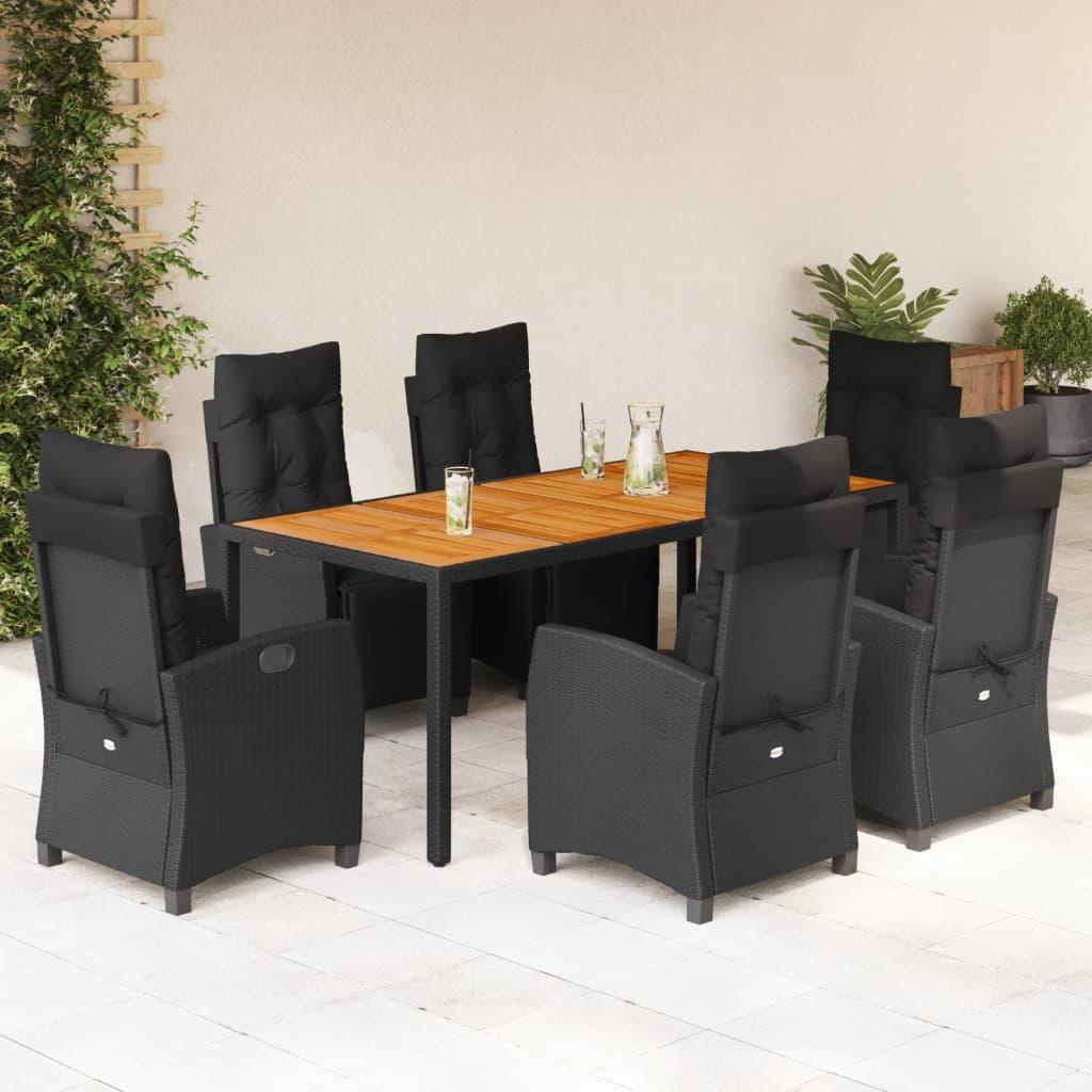 7 Piece Garden Dining Set with Cushions Black Poly Rattan