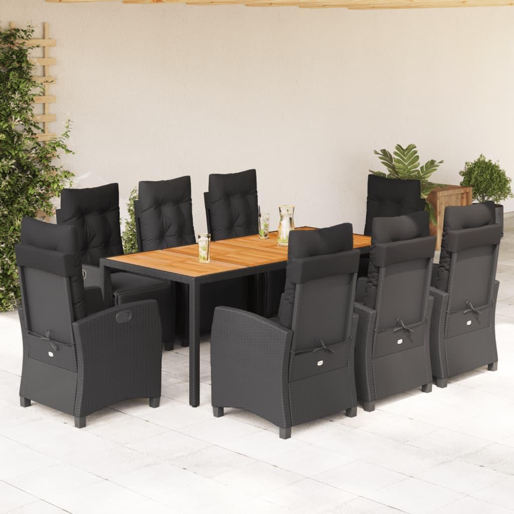 9 Piece Garden Dining Set with Cushions Black Poly Rattan