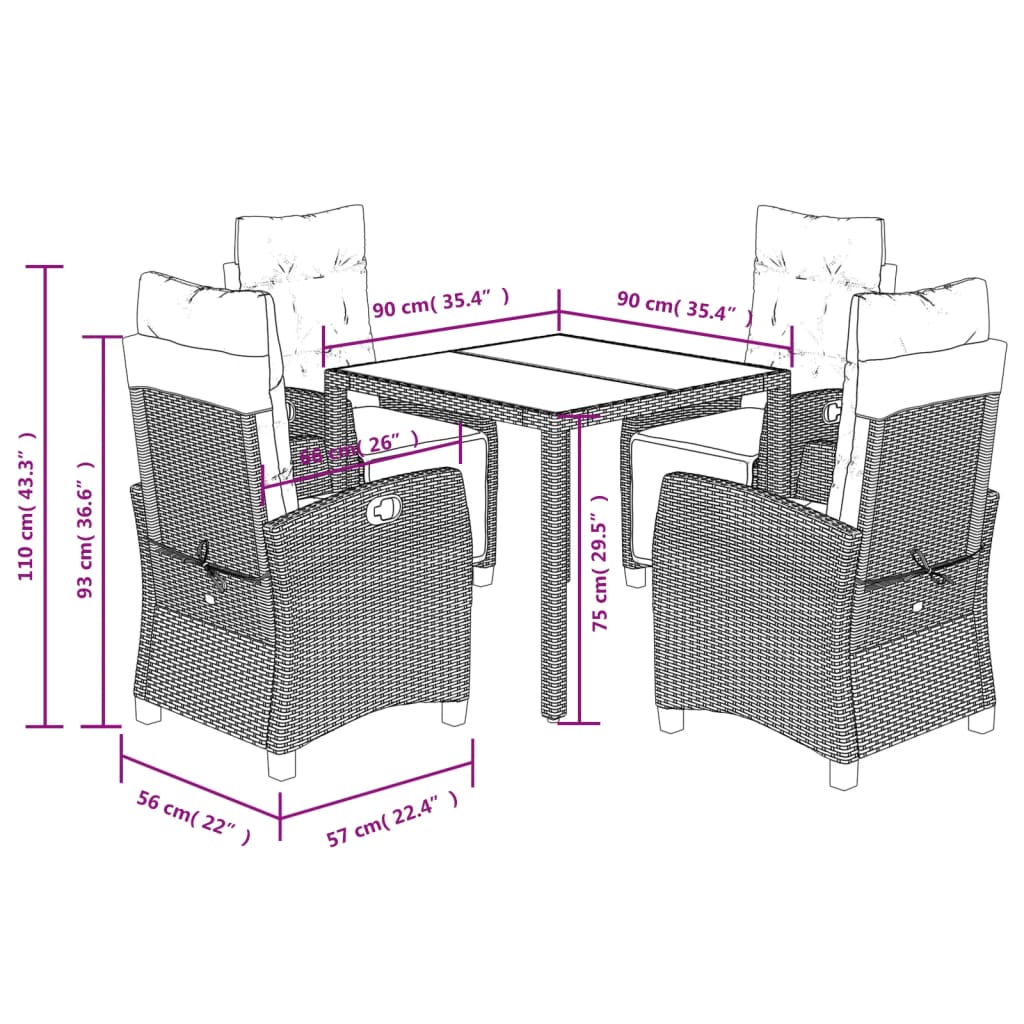 5 Piece Garden Dining Set with Cushions Grey Poly Rattan