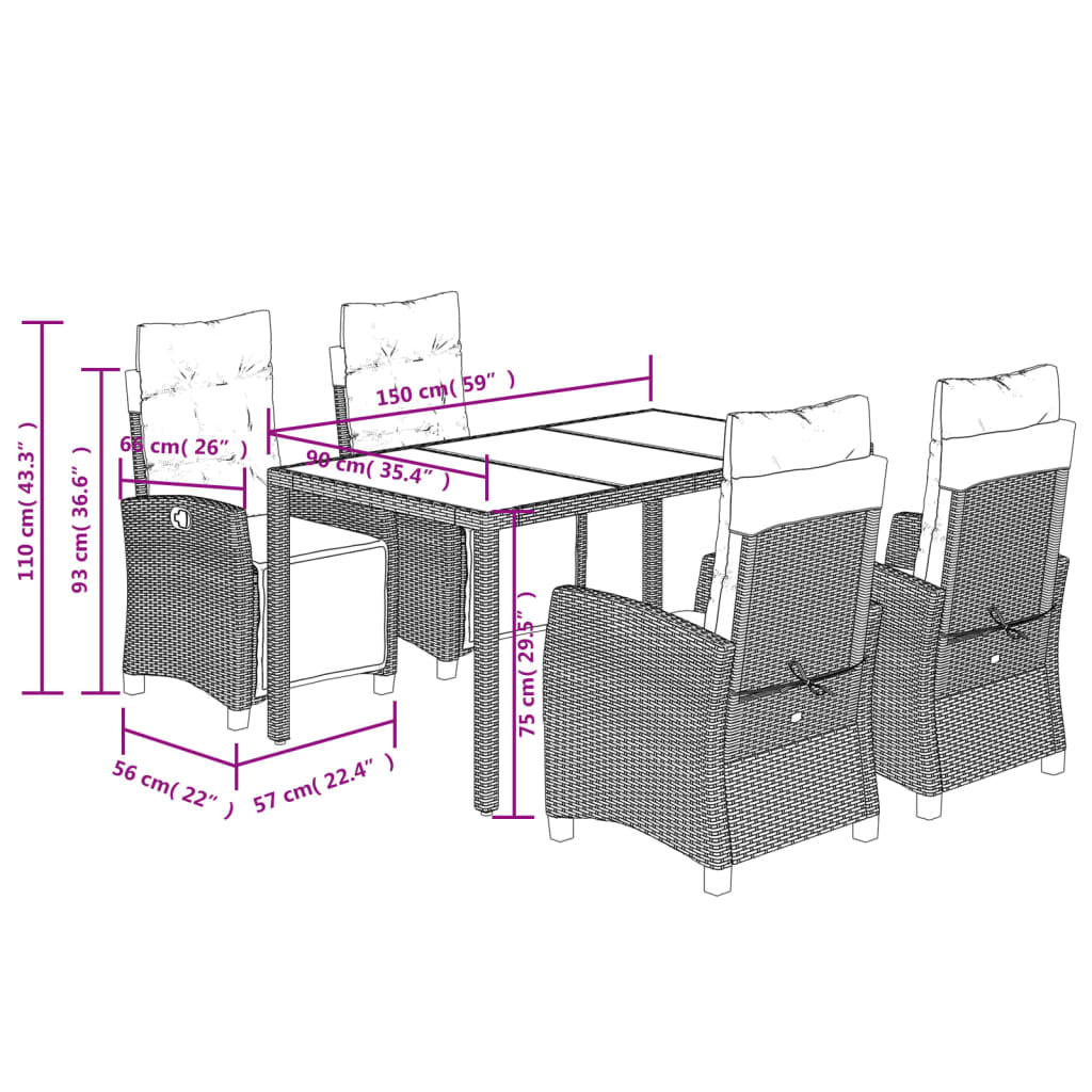 5 Piece Garden Dining Set with Cushions Grey Poly Rattan