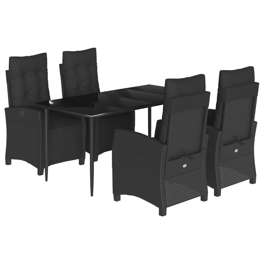 5 Piece Garden Dining Set with Cushions Black Poly Rattan