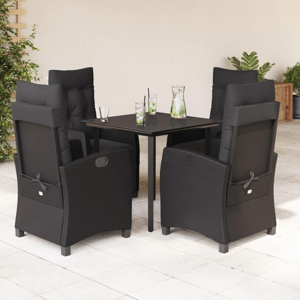 5 Piece Garden Dining Set with Cushions Black Poly Rattan