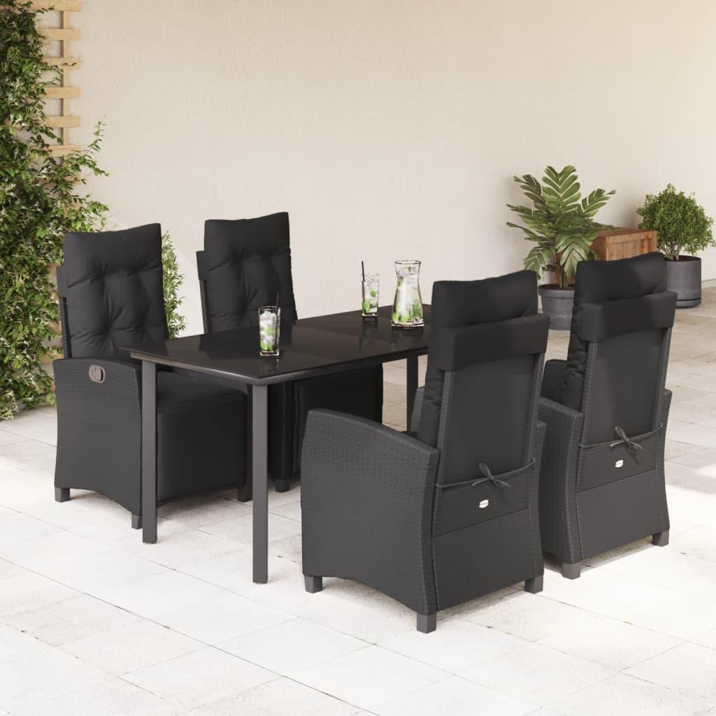5 Piece Garden Dining Set with Cushions Black Poly Rattan