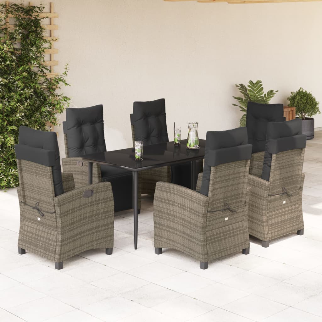 7 Piece Garden Dining Set with Cushions Grey Poly Rattan