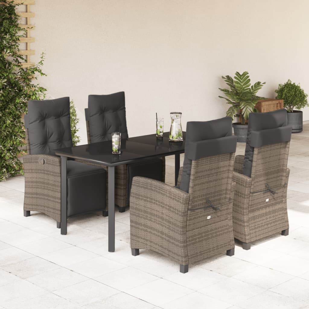 5 Piece Garden Dining Set with Cushions Grey Poly Rattan