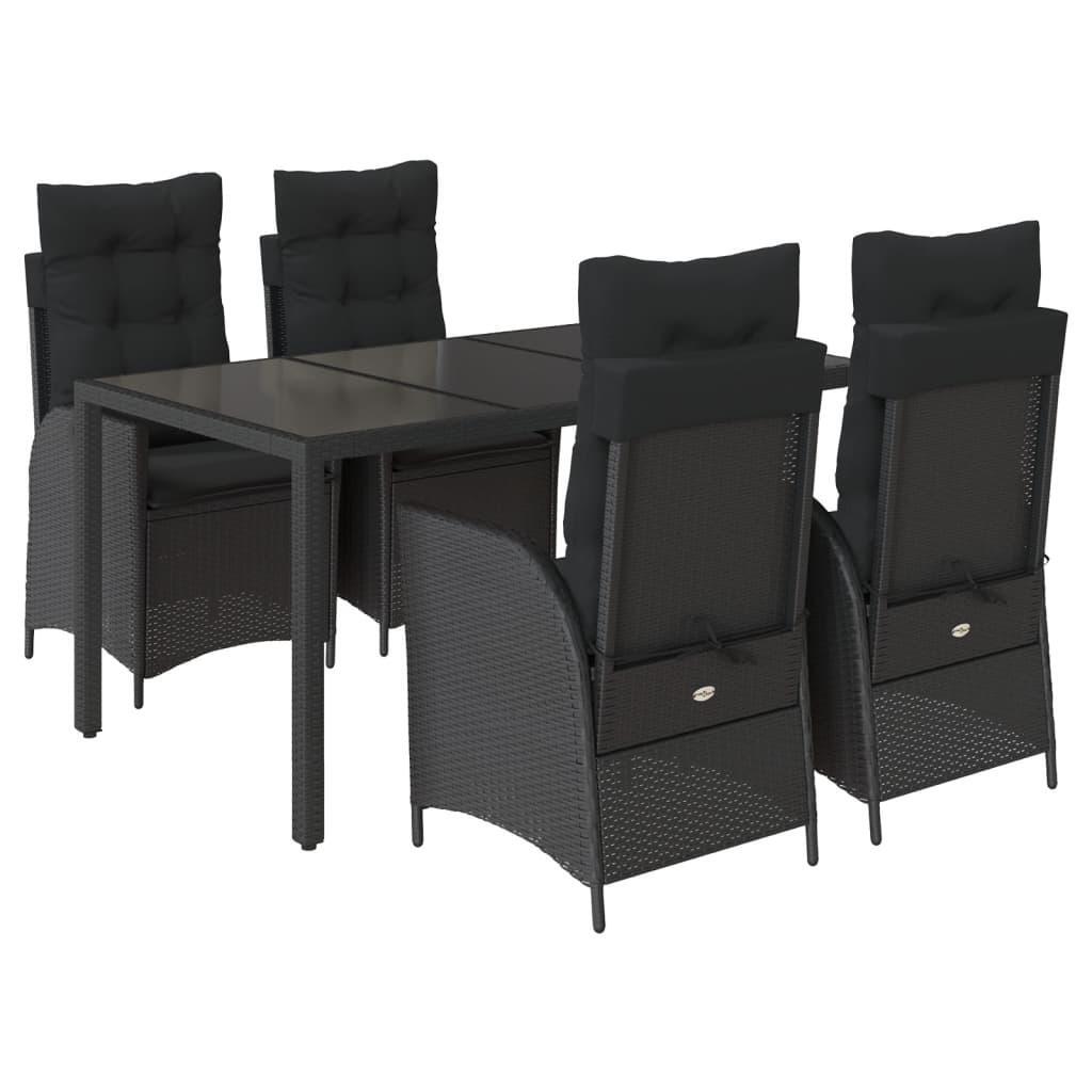 5 Piece Garden Dining Set with Cushions Black Poly Rattan