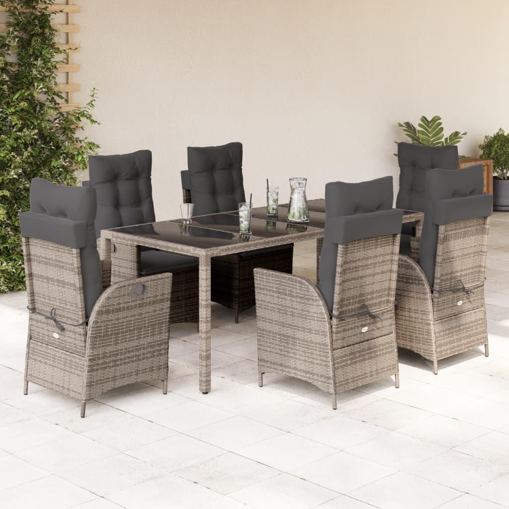 7 Piece Garden Dining Set with Cushions Grey Poly Rattan