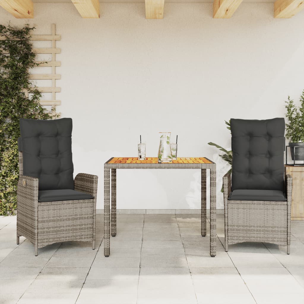 3 Piece Garden Dining Set with Cushions Grey Poly Rattan