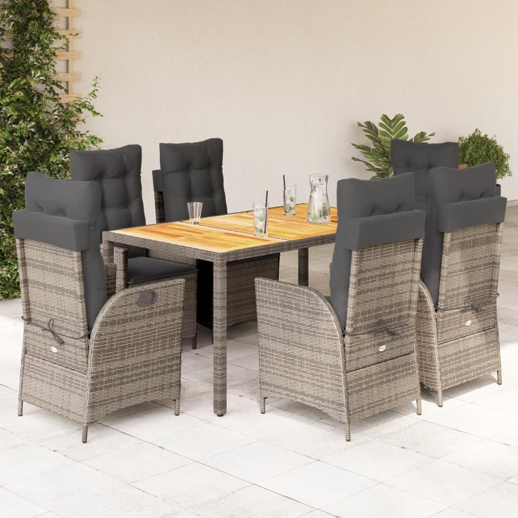 7 Piece Garden Dining Set with Cushions Grey Poly Rattan