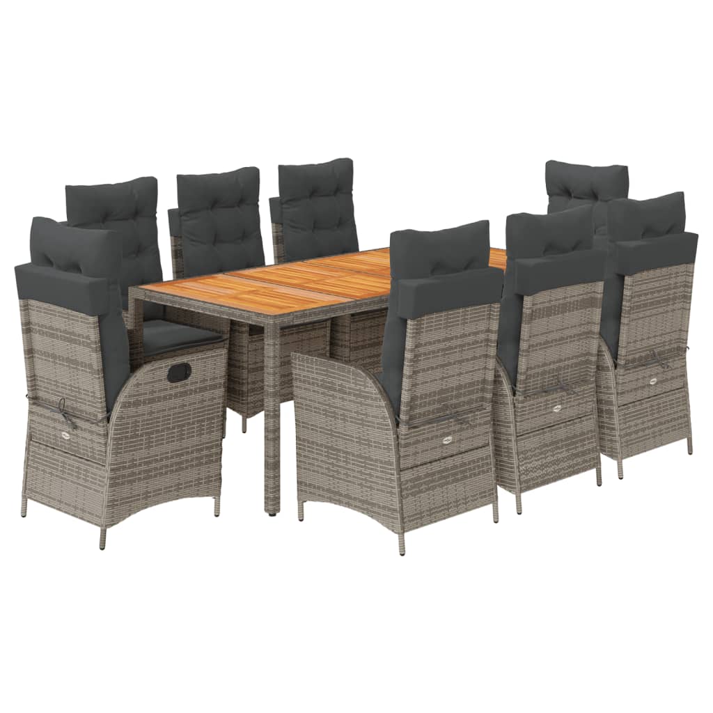 9 Piece Garden Dining Set with Cushions Grey Poly Rattan